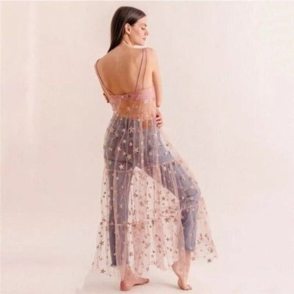 Pink sheer stars dress bohemian cover up boho